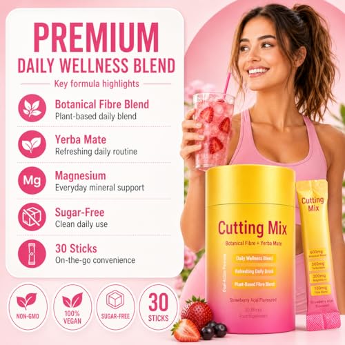 Cutting Mix Drink Botanical Fibre & Yerba Mate Blend Sugar-Free Strawberry Açaí Flavoured Drink Sticks Vegan Daily Wellness Drink Mix 30 Individual Sticks