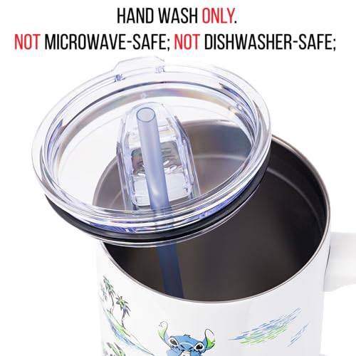 Image of Silver Buffalo Disney Lilo and Stitch Vintage Sketch Palm Trees & Flowers Double Walled Stainless Steel Tumbler with Handle and Straw, Fits in Standard Cup Holder, 40 Ounces (Pack of 12)