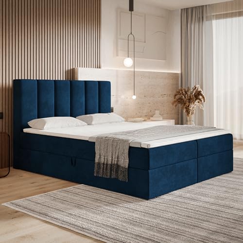 MOTIVENA Santiago Boxspringbett 180x200 mit Bettkasten und Topper, Polsterbett 180x200 mit Bettkasten, Bonellfederkern-Matratze (H4), T28 Komfortschaumstoff Topper (H3), Samt, Blau (Dunkelblau)