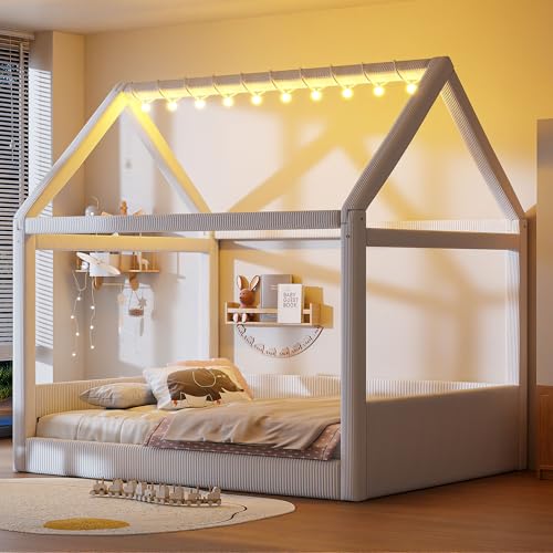 Image of Full Size Cute Corduroy Fabric Upholstered House Daybed with LED Light Strips and Vertical Striped Design, Low Solid Wood Platform Bed with Roof Frame for Kids Teens Girls Boys Bedroom (Beige-01)