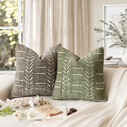 Image of Foindtower Set of 2 Decorative Chenille Jacquard Throw Pillow Covers Textured Farmhouse Vintage Cushion Cover Neutral Boho Accent Home Decor For Sofa Chair Couch Bed Living Room,18x18 Inch,Olive Green