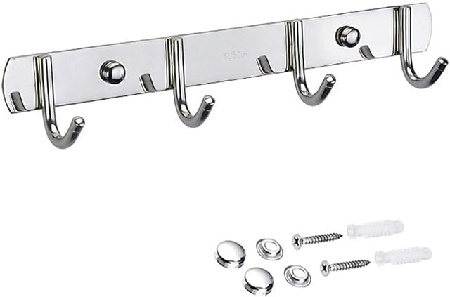 Grizef 4 Hooks 11inch SUS304 Stainless Steel Coat Hanger Clothes Rack Heavy Duty Clothes Hat Holder, Towel Coat Hook Rack Wall Mounted Rail Shelf for Coats, Hats, Scarves, Key