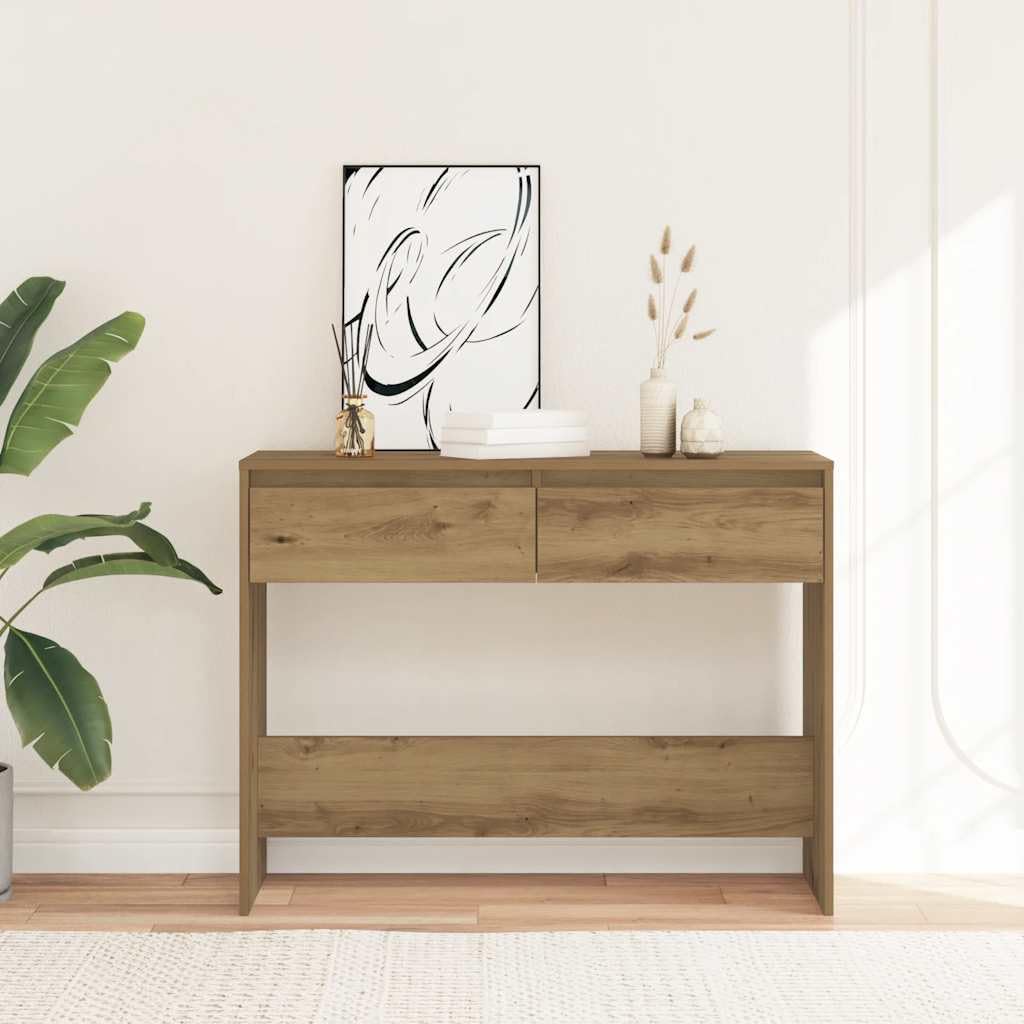 SXZenSpace Console Table 100x35x76.5 cm Artisan Oak Engineered Wood Hallway Side with 2 Drawers Modern Slim Accent Furniture for Living Room Corridor Bedroom