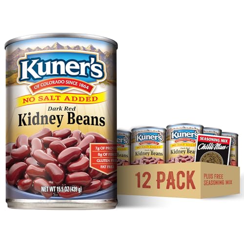 Kuner’s No Salt Added Canned Kidney Beans with FREE Chili Seasoning Mix, Plant Protein and Fiber, Gluten Free, Vegan, Fat Free, 12 Pack of 15.5 oz Cans and Chili Seasoning Packet