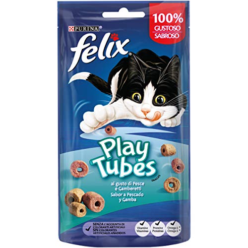{Premios Gatos Felix Comida para Gatos Felix Purina Play Tubes, Snack, premio para Gato con Pescado y Gambas al horno, 8 bolsas de 50g