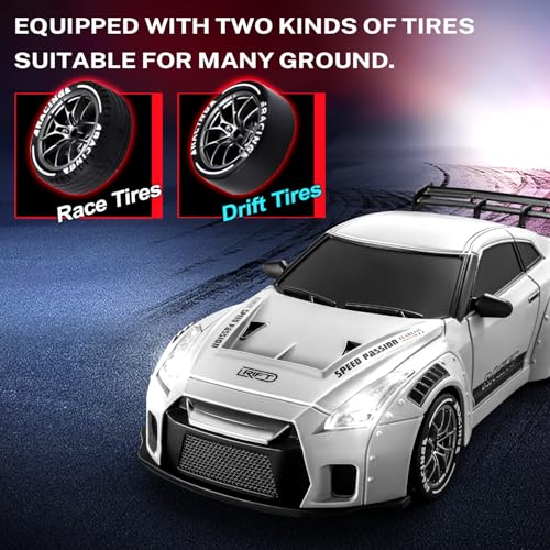 Image of ACAMMZAR RC Drift Car, 1:24 Remote Control Car for Kids, 20KM /H 4WD High Speed RC Cars with LED Lights, Two Batteries, Extra Drifting Tires, Vehicle for Adults Boys Girls