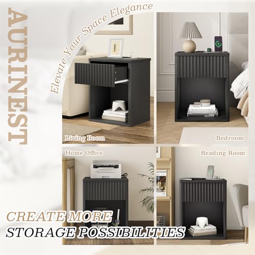 Image of Fluted Black Nightstands Set of 2 w /Charging Station, Wooden End Table Bed Side Table with Curved Drawer, Mid Century Modern Fluted Night Stand with Rounded Edge for Bedroom, Living Room