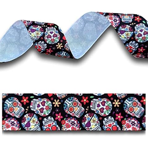 2 Yards (1.82 metres) Black Skull Mexican Calavera Flower Grosgrain Ribbon 25mm Wide, Ideal for Craft Projects, Scrapbooking, DIY Hair Bows, Present Wrapping etc Cover