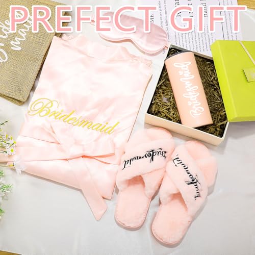 Image of Handepo 5 Pcs Bride Robes for Wedding Day Set Bride to Be Gifts Bridal Shower Gifts Bridesmaid Robe with Slippers Tumbler