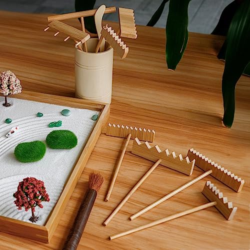 Zen Garden Tools Kit Accessories - Japanese Zen Garden Decor Zen Rake Set Mini Bamboo Rock Sand...
