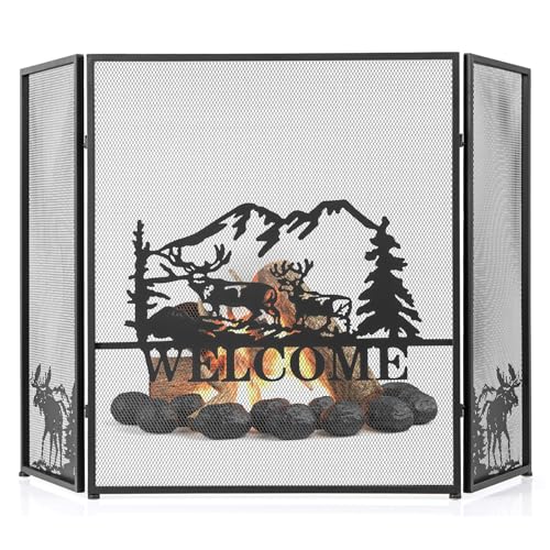 COSTWAY Kaminschutzgitter, 3-teilige Faltbare Kamingitter, Kamin Funkenschutz, Kaminzaun mit stabilem Metallrahmen, Kaminfunkenschutz, Funkenschutzgitter, schwarz, 132 x 79 cm (Elchmuster)