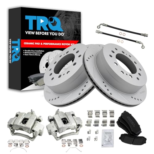 Image of TRQ Performance Rear Brake Pad and Rotor Set Semi Metallic Slotted Drilled Calipers Compatible with 2003-2009 Lexus GX470