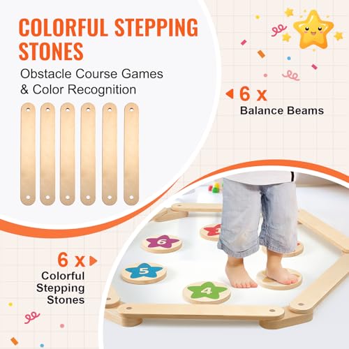 Image of VEVOR Balance Beam Stepping Stones, 6 PCS Wooden Toddler Balance Boards, Montessori Toy for Kids 3-6, Build Coordination and Gross Motor Skills, Gymnastics Course Indoor & Outdoor for Girls Boys Gift