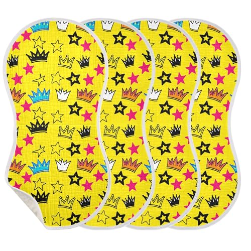 xigua Crowns and Stars Muslin Baby Burp Cloths Set of 4, Super Soft & Absorbent Burping Rags, Cotton Burp Clothes Shower Gift for Newborn, Baby Girls and Boys3