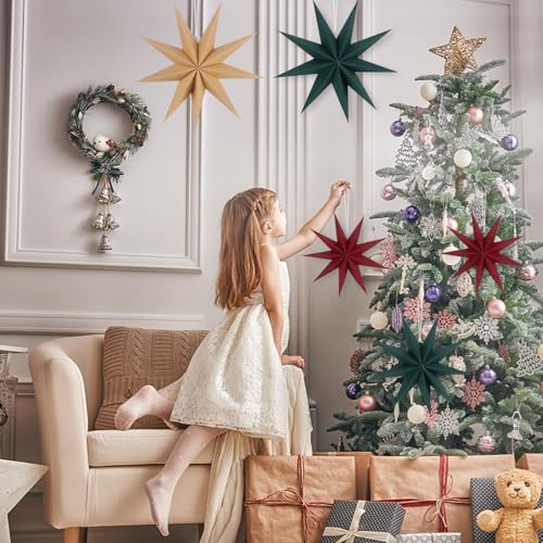 Image of 12 Inches 5 PCS Wine Red Green Brown Paper Star Lanterns Christmas Party Decorations Hanging Stars Christmas Party Decorations Wedding Birthday Christmas Home Party Decorations(9 Pointed)