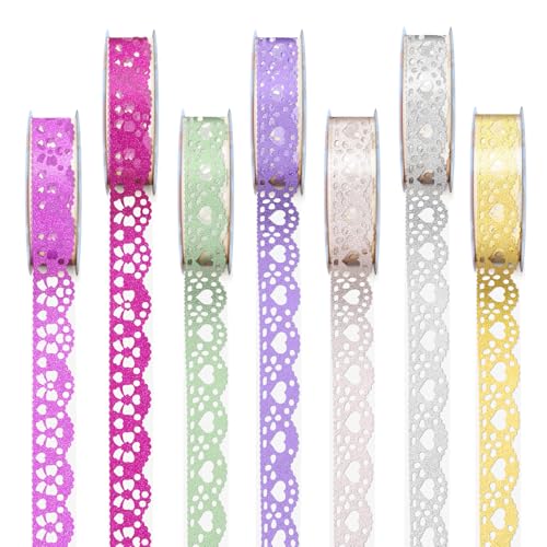 moinkerin 7 Rollen Washi selbstklebend Klebebänder Spitzenband Bunte deko farbige Klebeband, Glitter Dekoband, DIY Scrapbook self Adhesive lace Tape