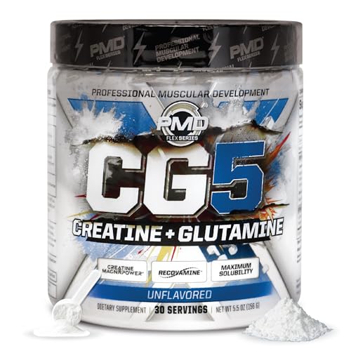 PMD Sports CG5 Premium Creatine & L Glutamine Powder Power Recovery Build Lean Muscle Increase Workout Performance Maximum Strength Pre Workout & Post Workout Unflavored 30 Servings