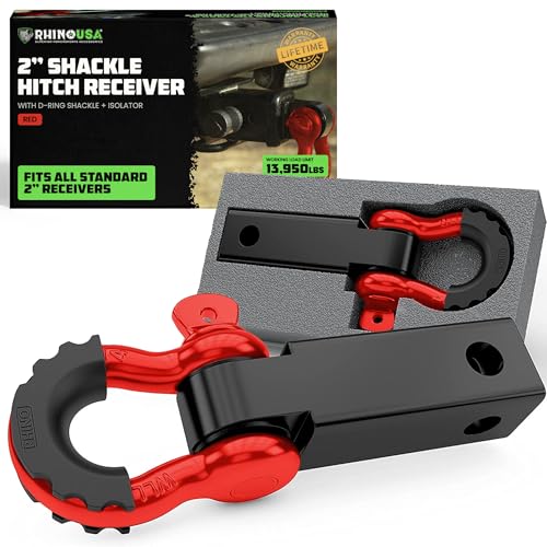 Rhino USA Shackle Hitch Receiver (Fits 2" Receivers) Best Towing Accessories for Trucks, Jeep, Toyota & More - Connect Your Rhino Tow Strap for Vehicle Recovery, Mounts to 2" Receiver Hitches (Red)