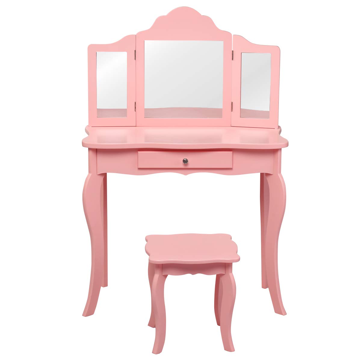 GOPLUS Kinder Schminktisch mit 3 Klappbaren und Abnehmbaren Spiegel, Frisiertisch, Kindertisch aus Holz, 1 Hocker, 1 Schublade, inkl. Haarseilset, für Mädchen, im Schlafzimmer (Rosa)