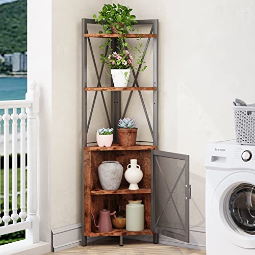 Jzm Corner Shelf 5-Tier With Storage, Rustic Corner Bookshelf Stand Storage Rack With Adjustable Board, Industrial Corner Plant Stand Shelves For Living Room Kitchen #TOP4