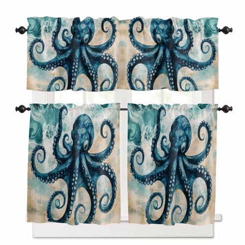 Teal Blue Octopus Kitchen Curtains 36 Inch Length, 3 Piece Rod Pocket Small Half Tiers and Valance Set, Summer Coastal Beach Wave Small Large Window Treatment Decor for Bedroom/Bathroom Sink