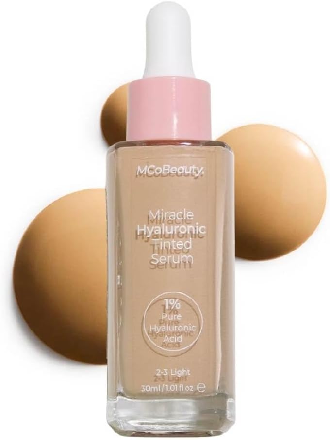MCoBeauty Miracle Hyaluronic Tinted Serum 2-3 Light - Hydrating Skin Tint Foundation with Hyaluronic Acid Ginseng - Buildable Sheer to Medium Coverage Dewy Finish - Vegan Cruelty Free Makeup