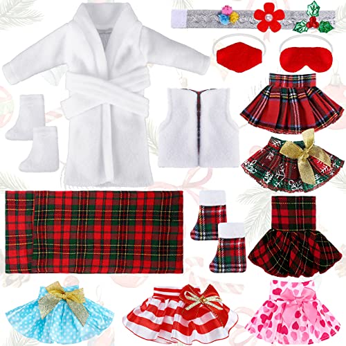 Sumind 14 Pieces Christmas Doll on Clothes Accessories Outfits Set Including Skirts Bathrobe Sleeping Bag Fluffy Vest Shirt Scarf Eye Cover and Boots for Xmas Doll Decor(Cute Style)