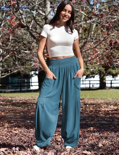 Image of TARSE Women's Linen Wide Leg Pants Baggy High Waist Palazzo Pants | Barrel Leg Fit, Harem Patch Pockets, Loose Casual Style, Breathable Fabric, Vacation Ready