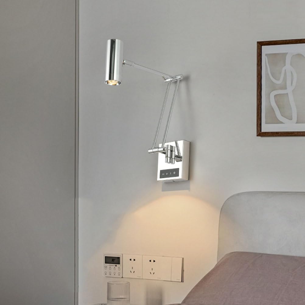 AoLa Chrom Wandlampe mit Schalter Touch Dimmbar Wandleuchte Verstellbare Schwenkarm Wandstrahler 3000K-6000K Nachttischlamp Wand Leselampe Modern Wandbeleuchtung für Schlafzimmer Wohnzimmer Studie