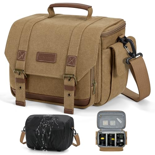 RAINSMORE Bolsa para Cámara Vintage, Impermeable, Bandolera para DSLR y Mirrorless con Acolchado de 10 mm, Cubierta de Lluvia y Soporte para Trípode, Ideal para Fotógrafos