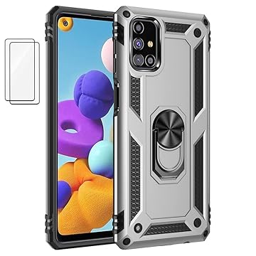 Capa para Samsung Galaxy M31s Capinha com protetor de tela de vidro temperado [2 Pack], Case para telefone de proteção militar com suporte para Samsung Galaxy M31s (Prata)