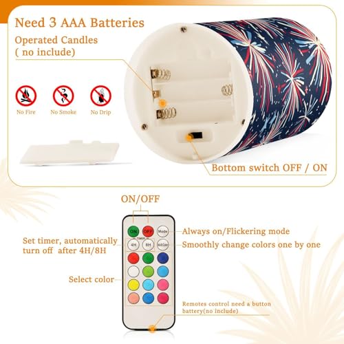 Image of ALAZA Fireworks Blue Red 4th July Flickering Flameless Candles Battery Operated with Remote Timer,Tea Light Candles LED Pillar Votive Patriotic Candles Set of 2 for Outdoor Indoor Decorations