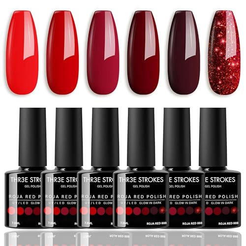 Image of THR3E STROKES Gel Nail Polish Set Gel Polish Orange Hot Pink Blue Yellow Green Purple Vibrant Spring Summer Gel Polish 7ML (UV /LED LIGHT REQUIRED) (ROJA RED 888, 7.5ML)