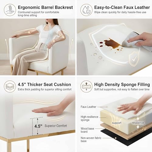Image of HNY Modern Barrel Counter Height Gold Bar Stools Set of 3, 24 Inch Kitchen Bar Stools with Back, PU Leather Barstools Bar Height for Island with Golden Metal Tubular Frame, White