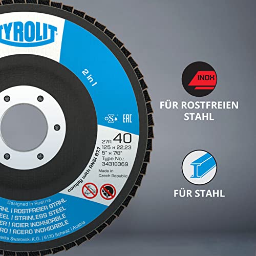 Tyrolit 2 in1 Fächerscheibe 115 mm x 22,23 mm | Korngröße 40 I 10 Stück I Profi-Qualität I für Stahl und Edelstahl I lange Lebensdauer I Fächerscheiben I Lamellenscheiben, Schleifscheiben Basic