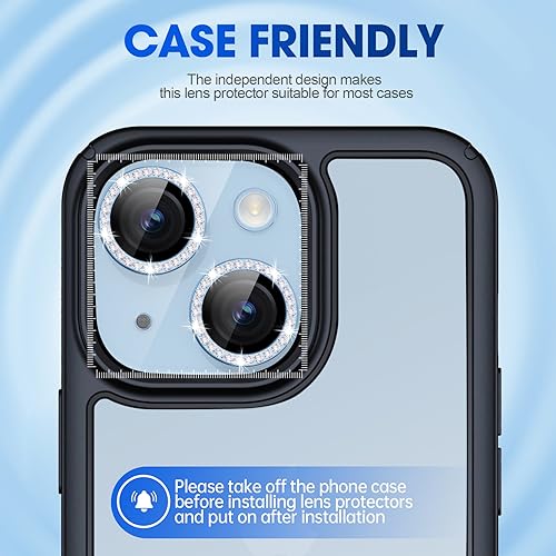 Image of Glass Camera Lens Protector Compatible For Iphone 15 /15 Plus Bling,Individual Metal Diamond Ring 9H Hardness Scratchproof Protector,Stylish Accessories,Case Friendly(Blue Diamond)