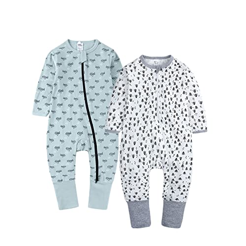 Image of BeiVSlley Infant Baby Boys Girls 2-Way Zip Front Cartoon Print Jumpsuit Romper Toddler Footless Long Sleeve One Piece Outfits,Green+Grey,6-12M