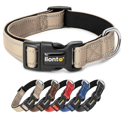 lionto Collar de Perro Acolchado Collar de Nylon Reflectante Impermeable Ajustable, Tamaño S, Beige