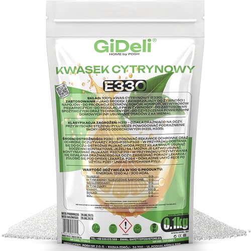 GiDeli Kwas Cytrynowy 100g - E330 Jakość Spożywcza w Proszku - Regulator Kwasowości Idealny do Czyszczenia, Odkamieniania, Pieczenia i Gotowania - Produkt Naturalny bez GMO