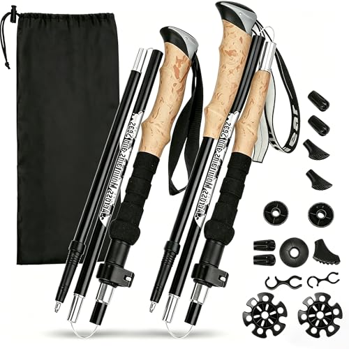 YGVQN Wanderstöcke, Faltbar, Teleskopstöcke (110-130 cm), Ultraleichte Alu Trekkingstöcke oder Carbon, Walking Stöcke mit Korkgriff für Nordic Walking, Hiking Poles Klappbar für Skifahren & Bergsport