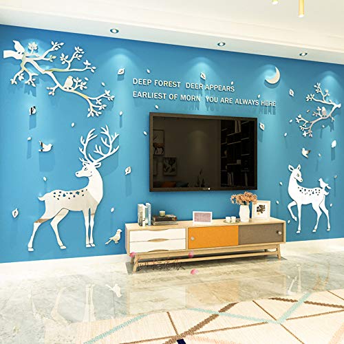 A-Wall Stickers Adhesivos De Pared 3D DIY Creative Family Life Árbol Ciervo Calcomanias Acrilicas Art º Mural para Sala De Estar Dormitorio Pegatina Decoración del Hogar,M-Silver
