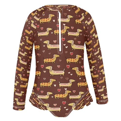 Cute Dachshund Heart Brown Girls Long Sleeve Swimsuits One Piece Zipper Bathing Suit UPF 50+ Rashguard Swimwear2