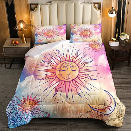 Sun and Moon Comforter Set Queen Stars Constellation Galaxy Bedding Set,Pink Blue Pastel Clouds Tie Dye Comforter For Kids Girls Women Boho Hippie Psychedelic Celestial Astrology Quilt Duvet