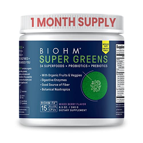 BIOHM Super Greens - Green Superfood Powder Antioxidant Veggie Powder & Smoothie Mix with Digestive Enzymes, Spirulina, 34 Superfood with Prebiotics & Probiotics | Mixed Berry Flavor (30 Servings)