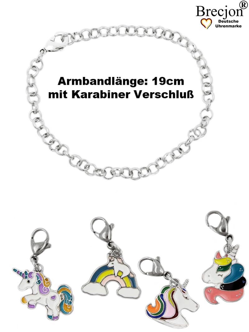 Geschenk Set Einhorn Armbanduhr Mädchen wasserdicht Bettelarmband 4 emaillierte Anhänger Unicorn Sammelbox Nylon Armband