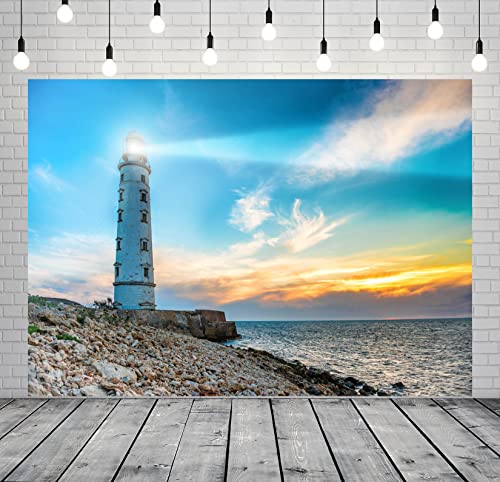 BELECO 8x6ft Fabric Seaside Lighthouse Backdrop for Photography Lighthouse Searchlight Beam Sunset Seascape Scenery Background Nautical Party Decorations Studio Booth Photo Props