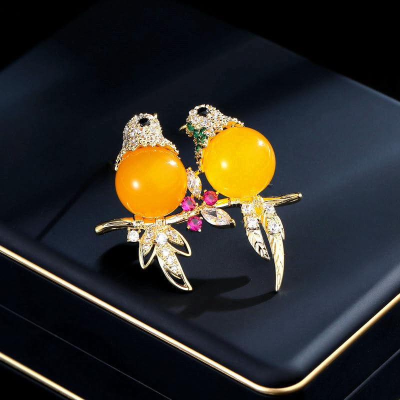 Image of Magpie Lovebird Brooch Inlaid with 14K Gold Moissanite, Romantic Bird Design Love Corsage for Lovers, Creative Birthday Gift