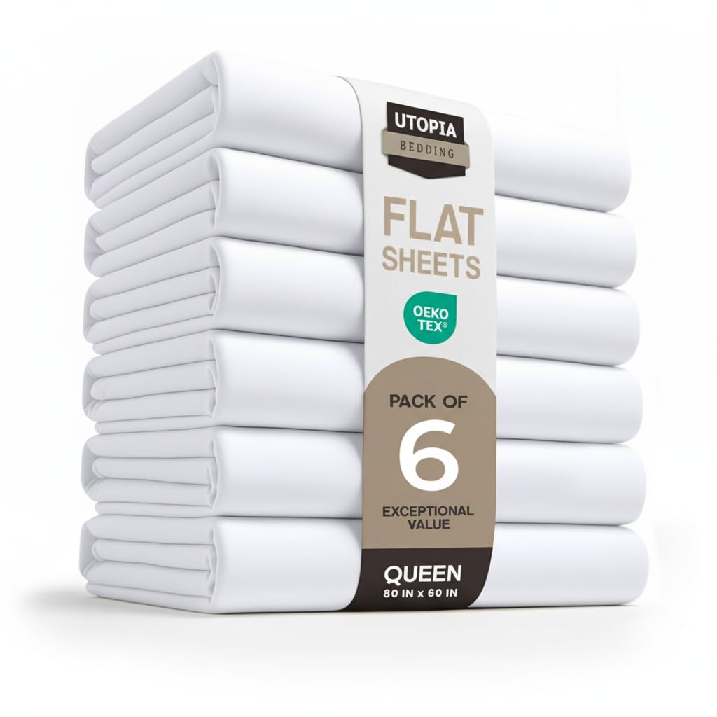 Utopia Bedding Flat Sheets - Pack of 6 - Soft Brushed Microfiber Fabric - Shrinkage & Fade Resistant Top Sheets - Easy Care (Queen, White)