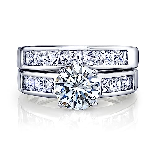 2 Carats Sterling Silver Bridal Set Cubic Zirconia Engagement Wedding Ring Bands with Round and Princess Cut2