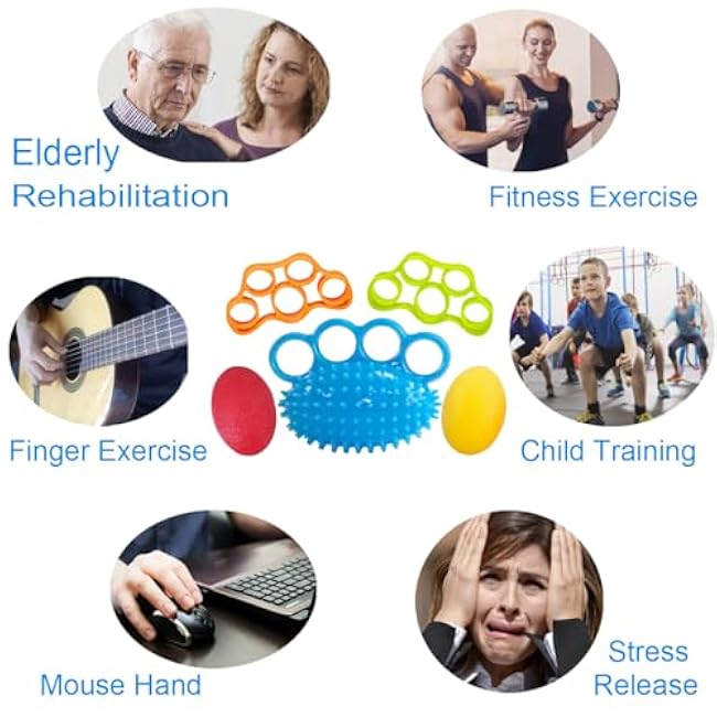 Hand Exercise Squeeze Balls, Grip Strength Trainer, Finger Recovery Kit, Improve Fingers Flexibility, Stress Relief & Physical Therapy, Multiple Resistance Levels, 3 Types, Set of 5